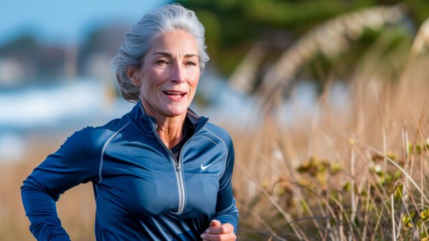 Foto una mujer está corriendo en la hierba con una chaqueta azul nike