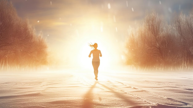 mujer corriendo en invierno nevado bajo la luz del sol