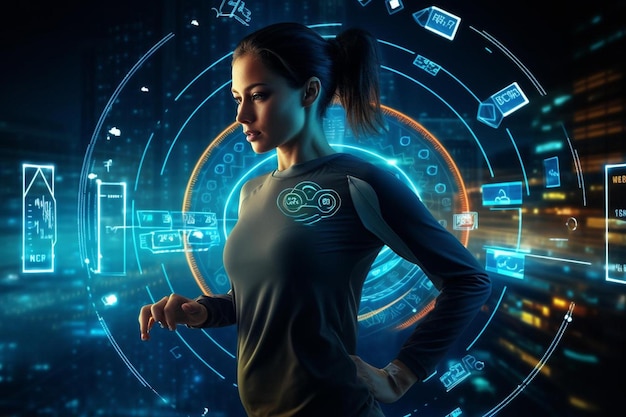 Foto mujer corriendo o seguimiento de fitness futurista con tecnología de reloj inteligente para la biometría corporal de velocidad