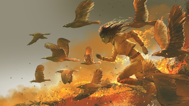 mujer corriendo entre los pájaros de fuego, estilo de arte digital, pintura de ilustración