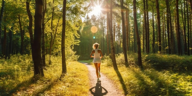 Mujer corriendo en el parque con árboles verdes en un hermoso día de verano Concepto de fitness deportivo IA generativa