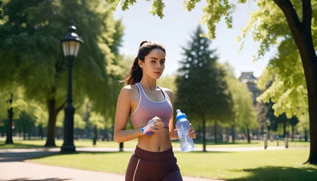 una mujer corriendo en un parque con una botella de agua de fitness