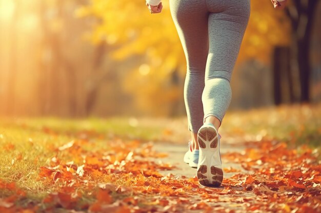 Una mujer corriendo en un parque con hojas de otoño en el suelo.