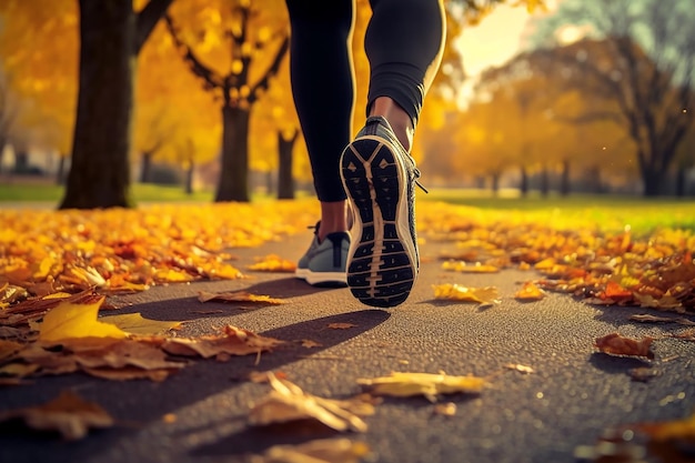 Una mujer corriendo en un parque con hojas de otoño en el suelo.