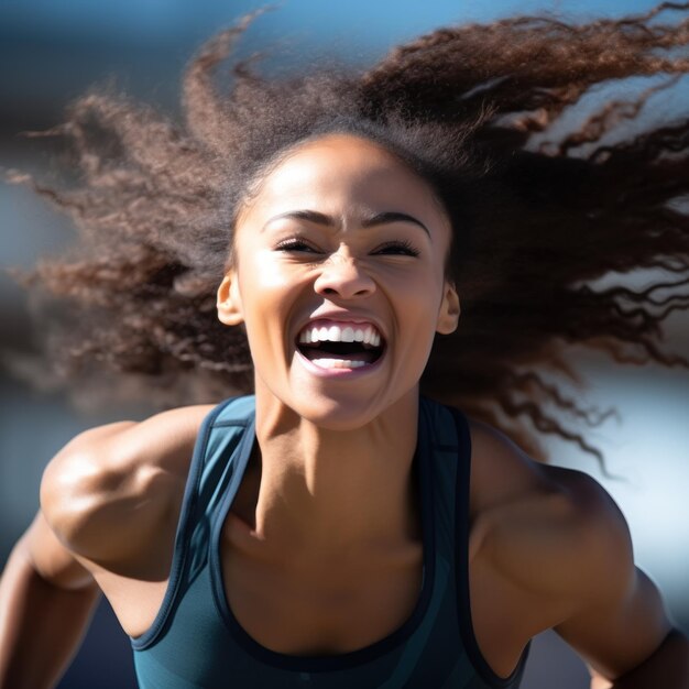 Una mujer corriendo con el pelo al viento.