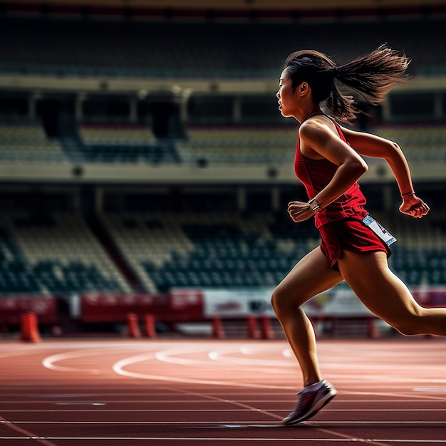 una mujer corriendo en una pista con una camisa roja