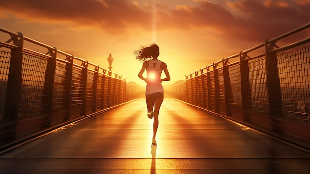 mujer corriendo por el puente bajo la luz del sol