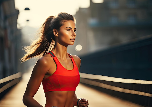 Una mujer corriendo con un sostén deportivo rojo