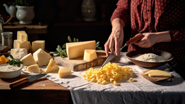 Una mujer corta varios quesos para el plato de queso