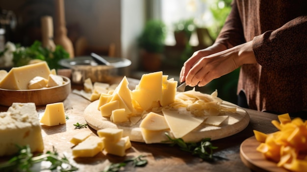 Una mujer corta varios quesos para el plato de queso