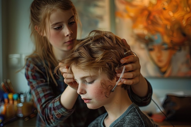 Una mujer cortando el cabello de un niño con tijeras