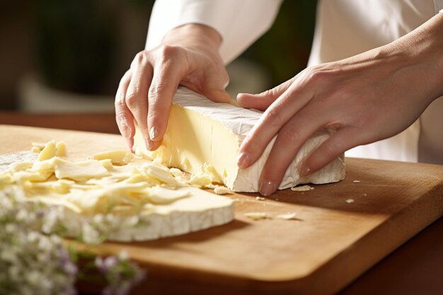 Foto mujer cortando queso brie para un sándwich