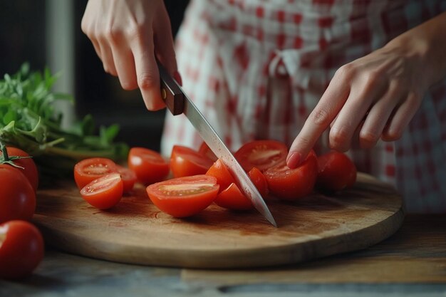 una mujer cortando tomates en una tabla de cortar con un cuchillo