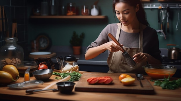 Una mujer cortando verduras en la cocina.