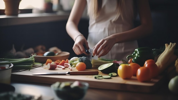 Una mujer cortando verduras en una tabla para cortar