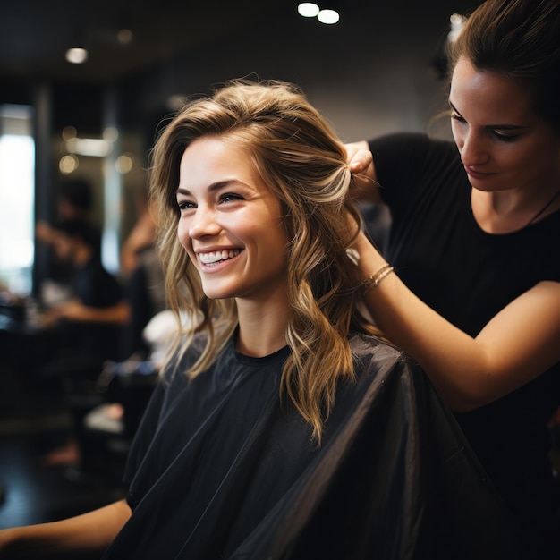 Una mujer cortándose el pelo en un salón.