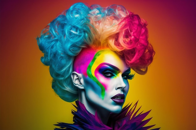 Una mujer con un corte de pelo de arco iris y una cara pintada con la palabra "arco iris" en el frente.
