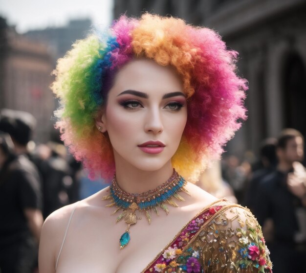 Una mujer con un corte de pelo de arcoíris y un vestido dorado.