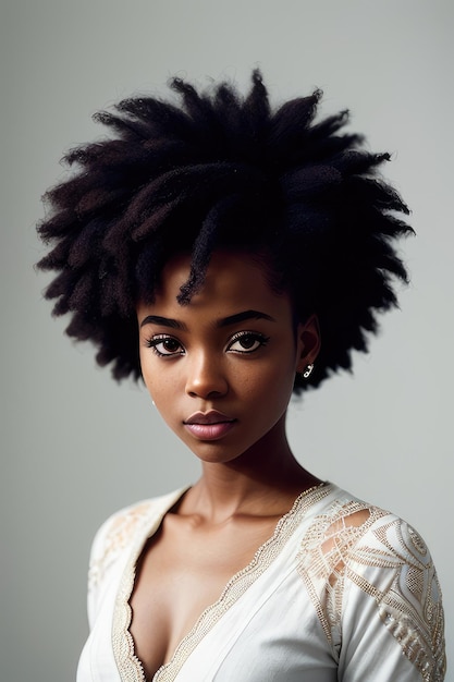 Una mujer con un corte de pelo natural y un vestido blanco.