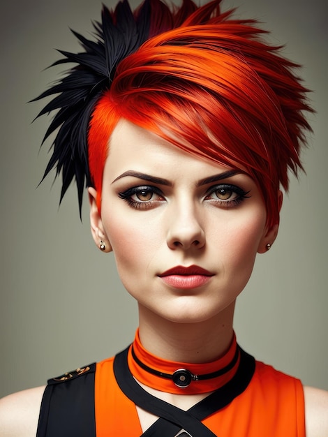 Una mujer con un corte de pelo rojo y cabello naranja.