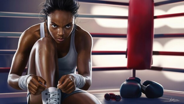 Foto mujer de la cosecha atando cordones en el entrenamiento