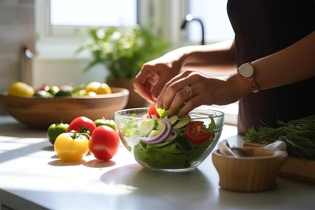 Foto mujer de la cosecha preparando ensalada saludable para ensalada