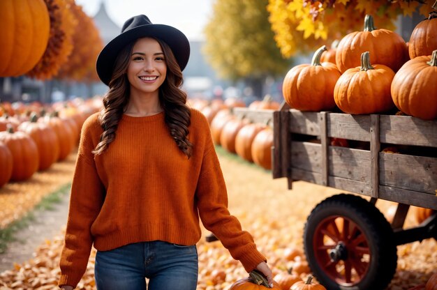 Mujer cosechadora de calabazas de Acción de Gracias con suéter naranja recogiendo calabazas en otoño