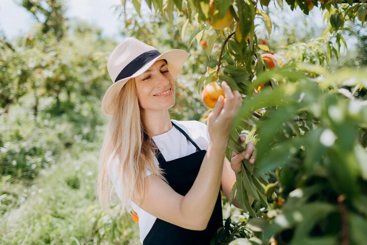 Mujer cosechando frutas