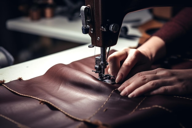 Una mujer cosiendo un bolso de cuero con una máquina de coser.