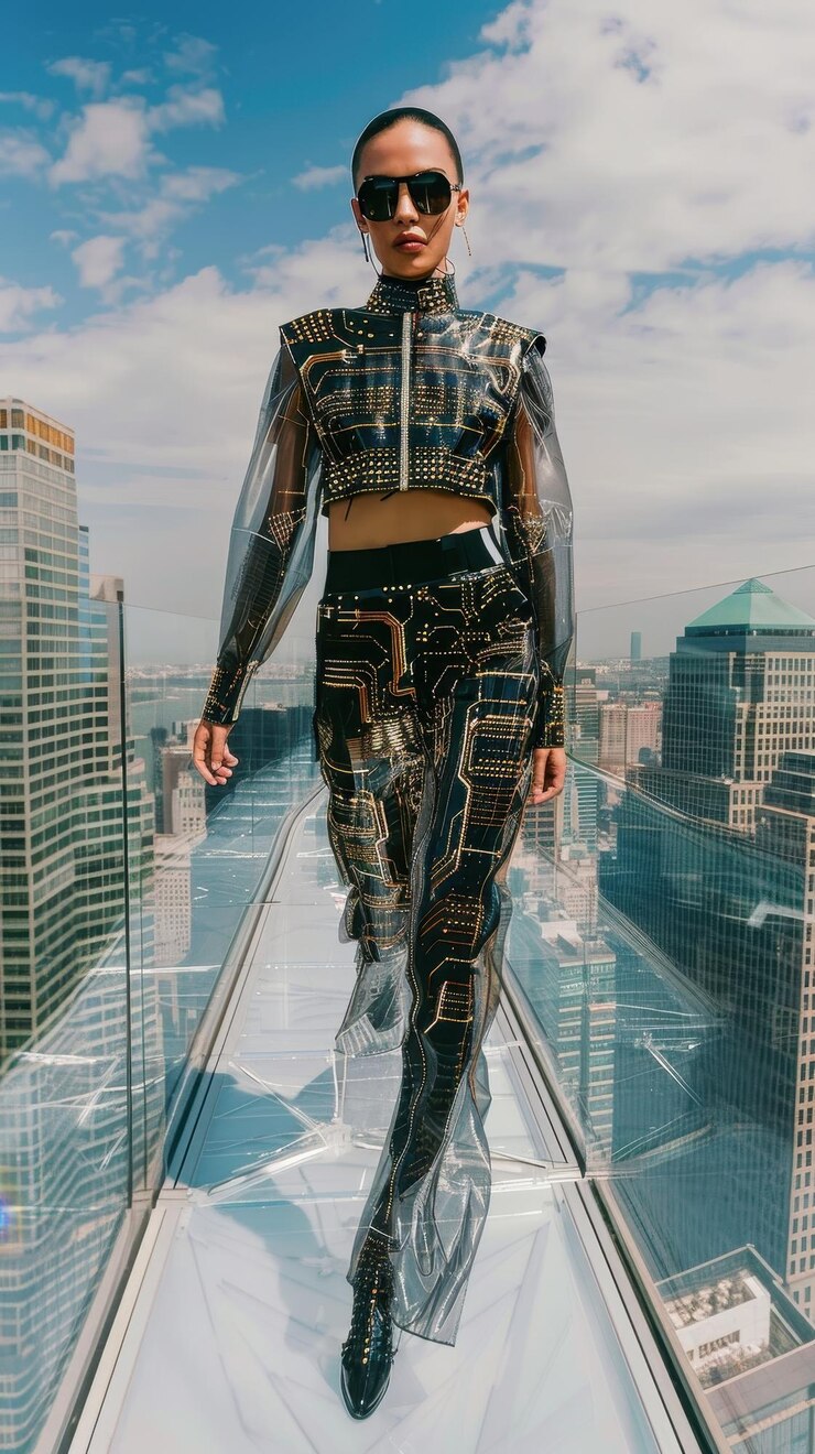 una mujer en un cosplay está de pie en una repisa de la ventana