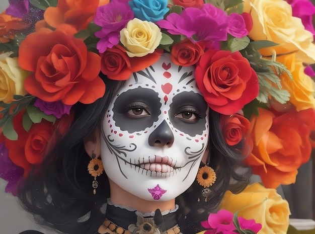 una mujer con un cráneo y flores en la cabeza está usando un traje colorido