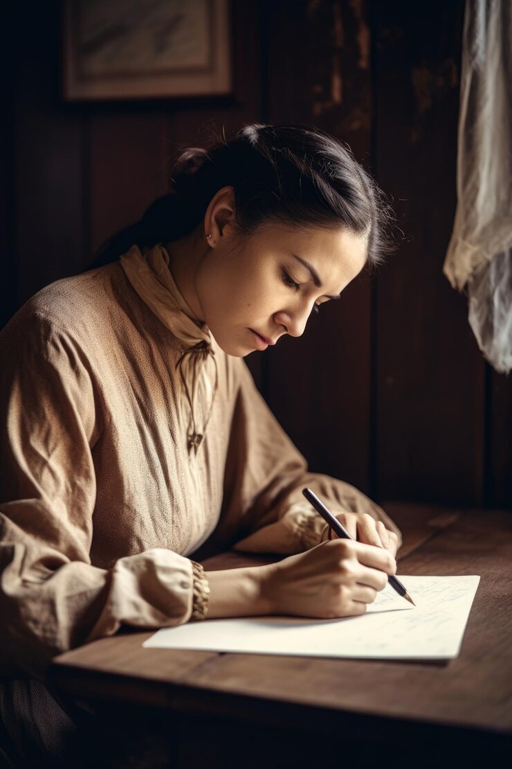 Una mujer creativa escribiendo una carta en papel con copyspace