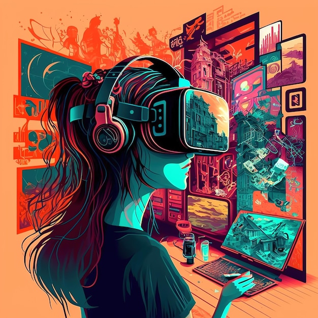 Mujer creativa joven que lleva un casco de realidad virtual en casa