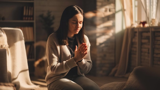 Mujer cristiana orando en casa