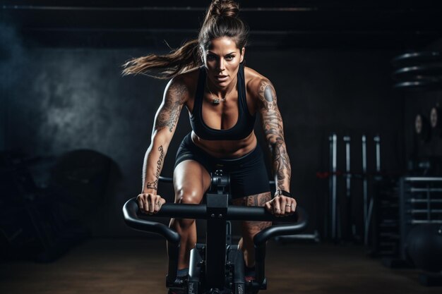 Mujer Crossfit haciendo intenso entrenamiento cardiovascular en bicicleta estática