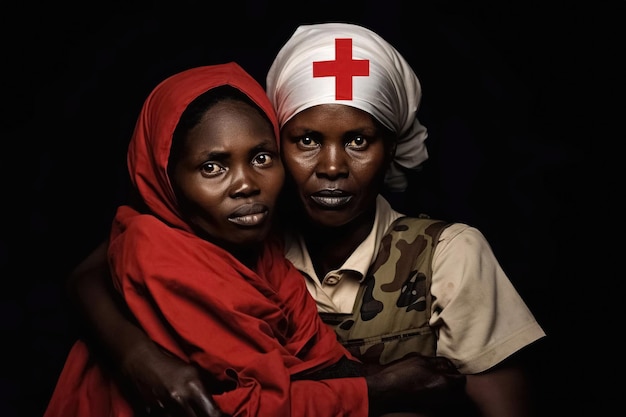 Mujer de la Cruz Roja apoyando a una mujer africana