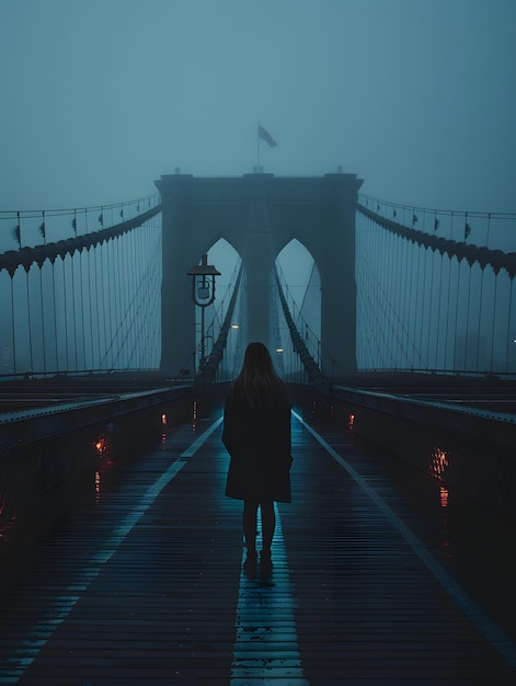 Una mujer cruza un puente de haz de niebla el cielo envuelto en la oscuridad