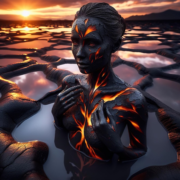 Mujer cubierta de barro oscuro durante la puesta del sol El barro exhibe magma ardiente artístico