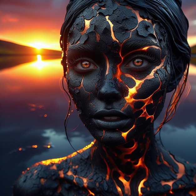 Mujer cubierta de barro oscuro durante la puesta del sol El barro exhibe magma ardiente artístico