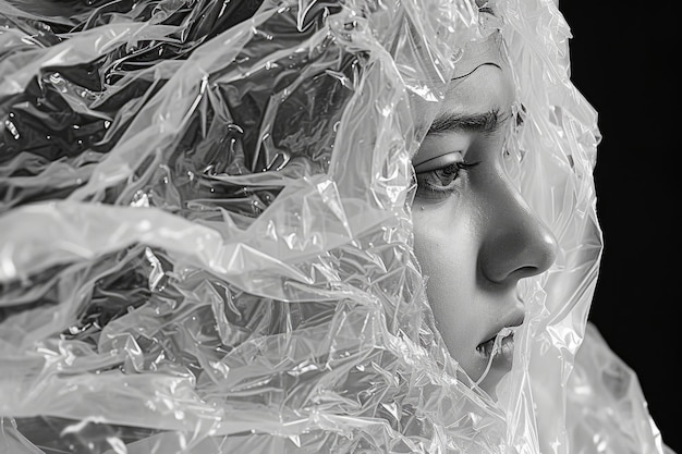 Foto una mujer está cubierta de plástico y mirando algo en el estilo de wetonwet mezclando luz negra y blanca uhd imagen escultura orgánica acrobática autorretratos de alta calidad foto retratos vibrantes