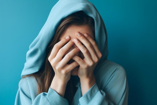 Una mujer se cubre la cara con las manos sobre la cara.