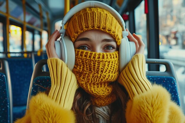 Una mujer se cubre la cara con un suéter amarillo y escucha música a través de auriculares inalámbricos en el