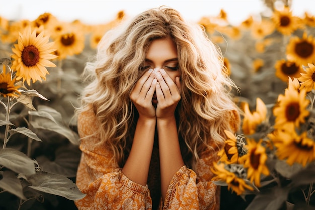 Mujer cubriendo su cara con girasol