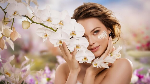 Foto mujer cubriendo su cara con orquídea y mirando a la cámara