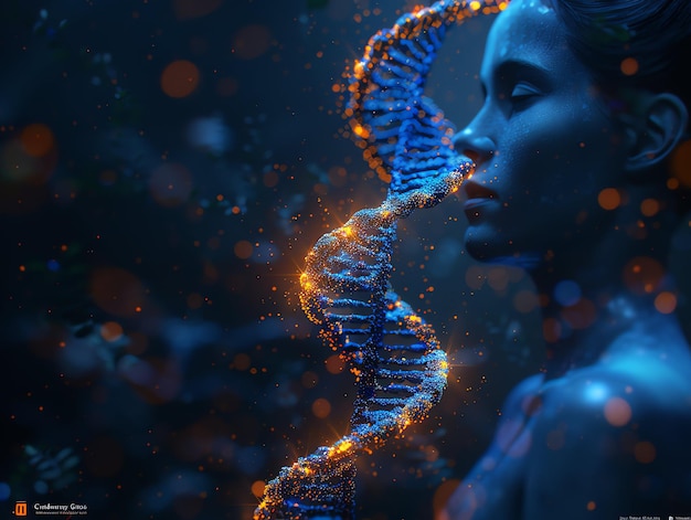 Una mujer con un cuello azul y una imagen digital azul y naranja de una mujer con un cuerpo azul y una luz azul y anaranjada