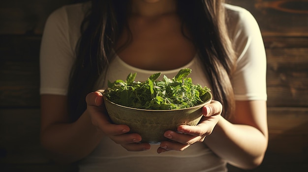 Foto mujer con un cuenco con hierbas frescas estilo de vida saludable