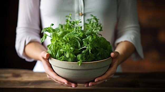 Foto mujer con un cuenco con hierbas frescas estilo de vida saludable