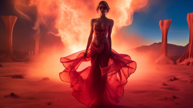 Foto mujer de cuerpo completo es una chica hecha de fuego elemento fuego ai generado arte