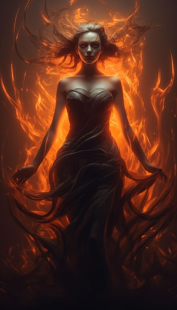 Foto mujer de cuerpo completo es una chica hecha de fuego elemento fuego ai generado arte