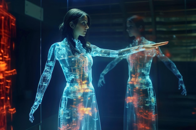 Una mujer con un cuerpo futurista en una habitación visualización de holograma